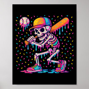 Affiche Skelton Jouant au Baseball Halloween Baseball Drip
