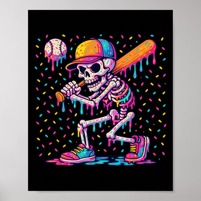 Affiche Skelton Jouant au Baseball Halloween Baseball Drip (Devant)