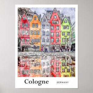 Affiche Sketch de l'aquarelle de voyage de Cologne Allemag