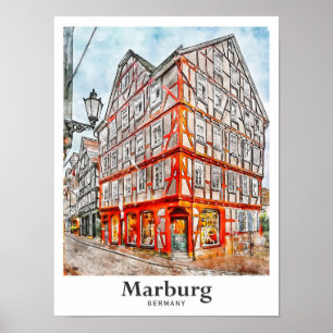 Affiche Sketch de l'aquarelle de voyage de Marburg Allemag