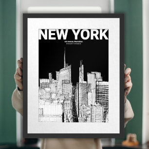Affiche Sketch de voyage en ligne Skyline Black & White mo
