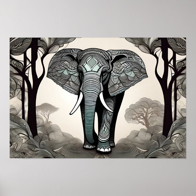 Affiche Sketch Whimsical Elephant - Noir & Blanc avec (Devant)