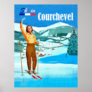 Affiche Ski à Courchevel, femme à ski, France