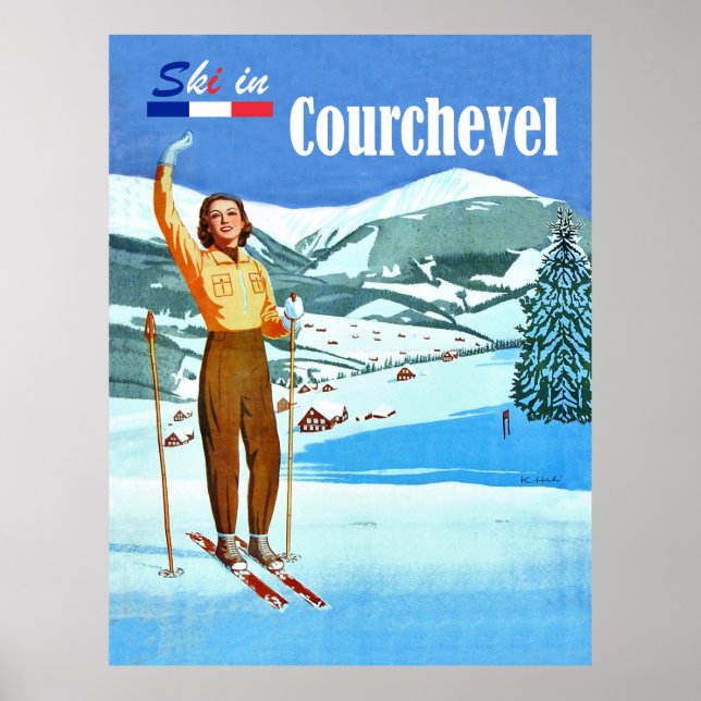 Affiche Ski à Courchevel, femme sur ski, France (Devant)