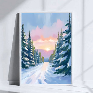 Affiche Ski au coucher du soleil Peinture de ski de mont