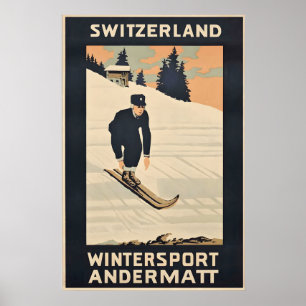 Affiche Ski dans les Alpes Andermatt Suisse Voyage Vintage