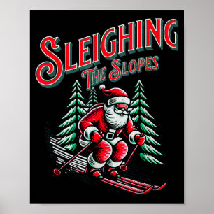 Affiche Ski de Noël père Noël ski traîneau les pentes