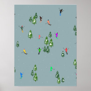 Affiche Ski d'ouverture Noël Ski de vacances Skieurs Bleu