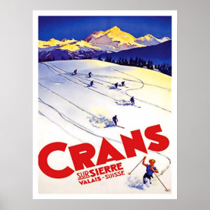Affiche Ski en Crans hill, Suisse, voyage vintage