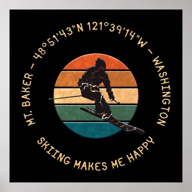 Affiche Ski Mt. Baker, Washington - Man Skier, Texte Jaune (Devant)