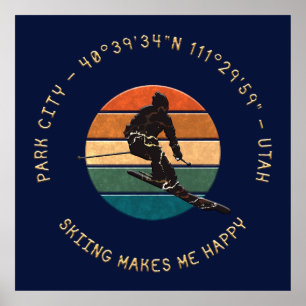 Affiche Ski Park City, Utah - Man Skier Golden Text