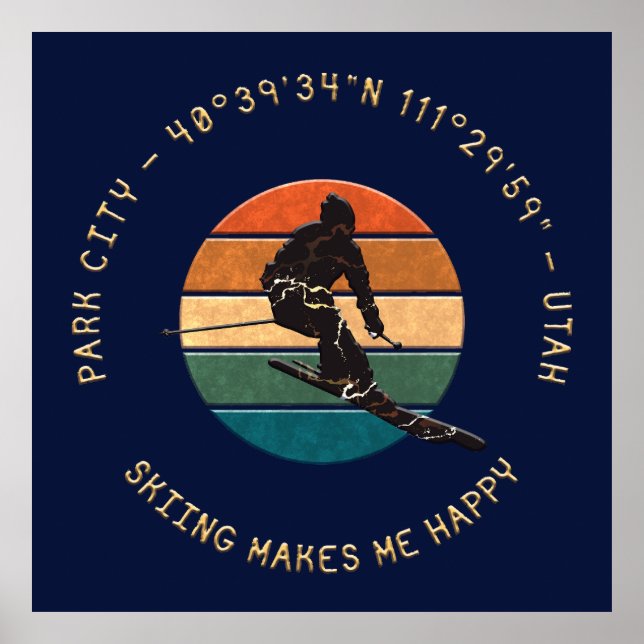 Affiche Ski Park City, Utah - Man Skier Golden Text (Devant)