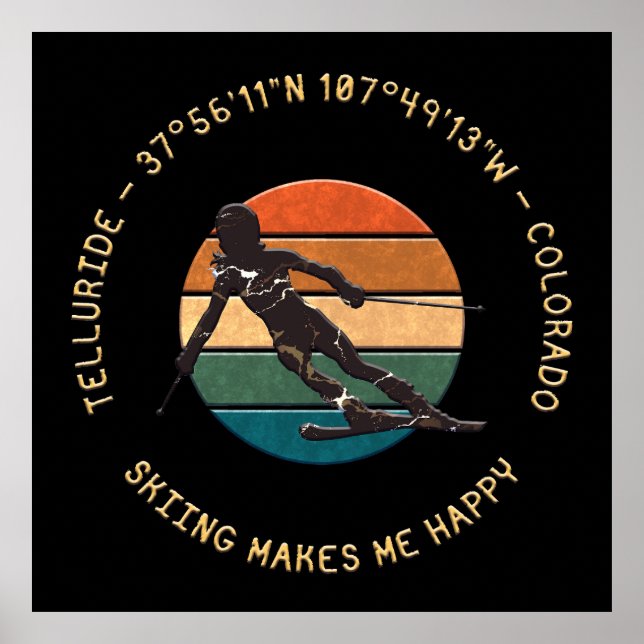 Affiche Ski Telluride, Colorado - Femme Skier, Texte Jaune (Devant)