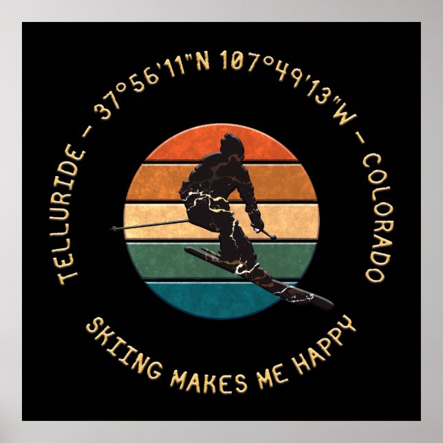 Affiche Ski Telluride, Colorado - Homme Skier, Texte Jaune (Devant)