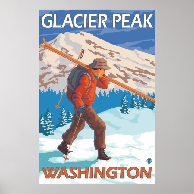 Affiche Skier transportant ski de neige - Glacier Peak, WA (Devant)