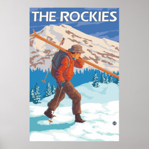 Affiche Skier Transportant Ski De Neige - Les Rocheuses