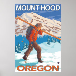 Affiche Skier transportant ski de neige - Mont Hood, OU