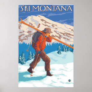 Affiche Skier transportant ski de neige - Montana