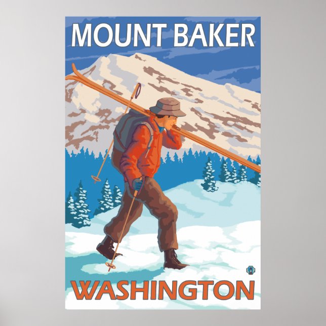 Affiche Skier transportant ski de neige - Mount Baker, WA (Devant)