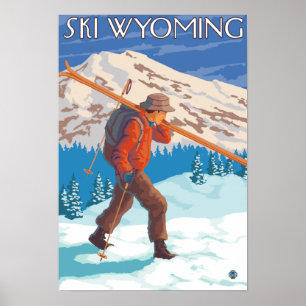 Affiche Skier transportant ski de neige - Wyoming