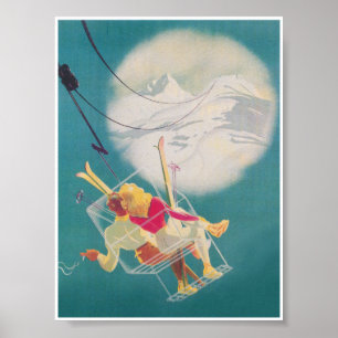Affiche Skieurs sur Ski Ascenseur et Lune Romantique Vinta