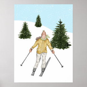 Affiche Skieuse à l'aquarelle et pentes avec sapins Hiver