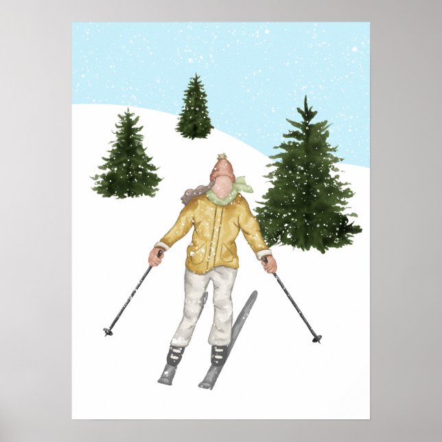 Affiche Skieuse à l'aquarelle et pentes avec sapins Hiver (Devant)