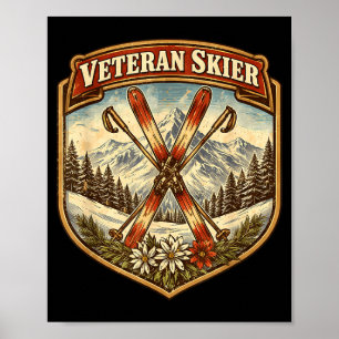 Affiche Skieuse chevronnée skis vintage femme âgée faisant