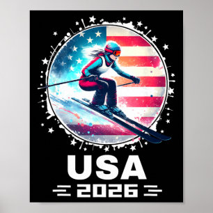 Affiche Skieuse Équipe de Ski Usa 2026 Ski Drapeau América