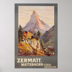 Affiche Skiing Alpes Zermatt Suisse Voyage Vintage