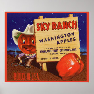 Affiche Sky Ranch Washington Apples 1940 crée le étiquette