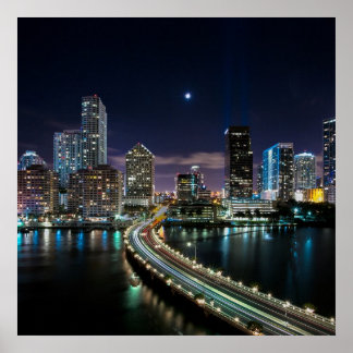 Affiche Skyline de Miami ville avec pont la nuit