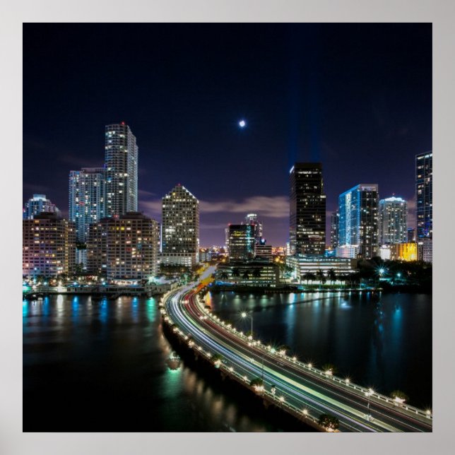 Affiche Skyline de Miami ville avec pont la nuit (Devant)