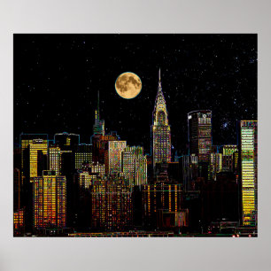 Affiche Skyline New York La Nuit Avec Pleine lune