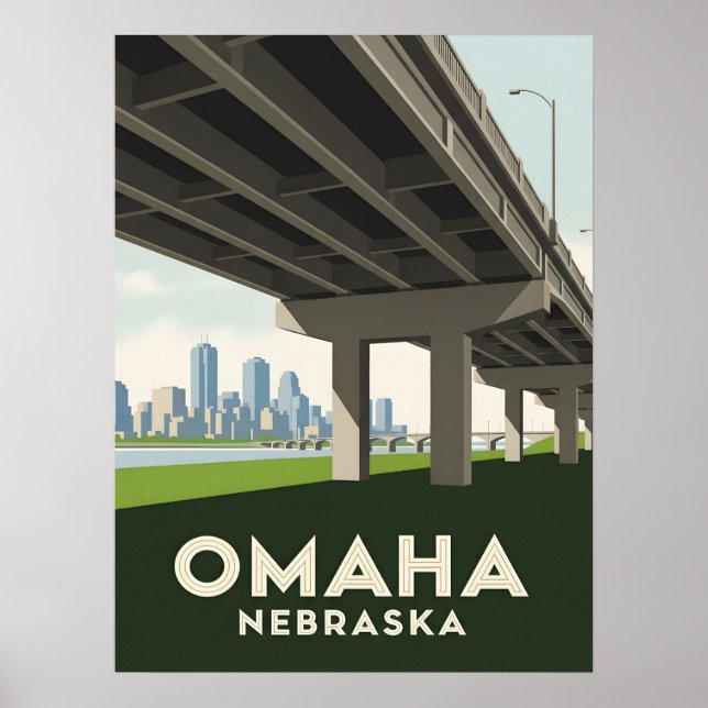 Affiche Skyline Omaha Nebraska sous un grand pont (Devant)