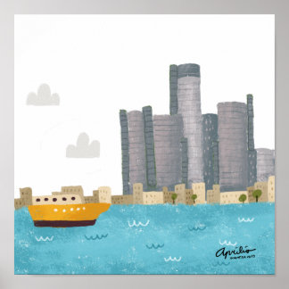 Affiche Skyline Whimsical de Détroit 12x12