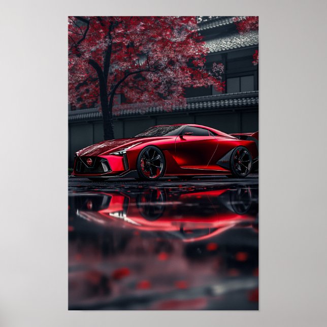 Affiche Sleek Red Nissan GTR 2028 Concept Voiture Vue Côté (Devant)