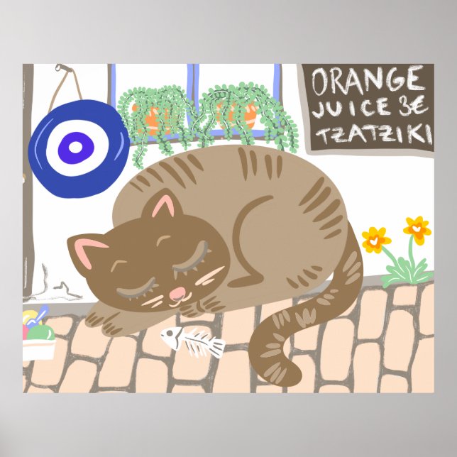 Affiche Sleepy Greek Taverna Cat Mediterranean Scene (Devant)