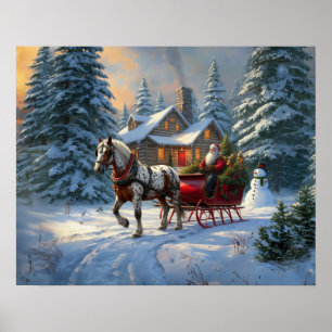 Affiche Sleigh Père Noël à cheval de Noël