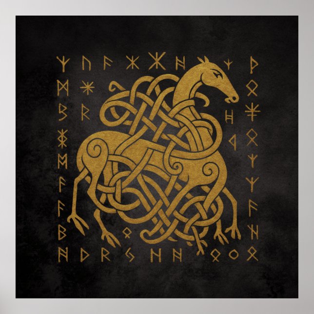 Affiche Sleipnir, Cheval doré nordique avec symbole de run (Devant)