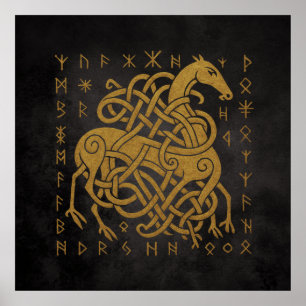 Affiche Sleipnir Norse Rune Circle - Golden Viking Horse D