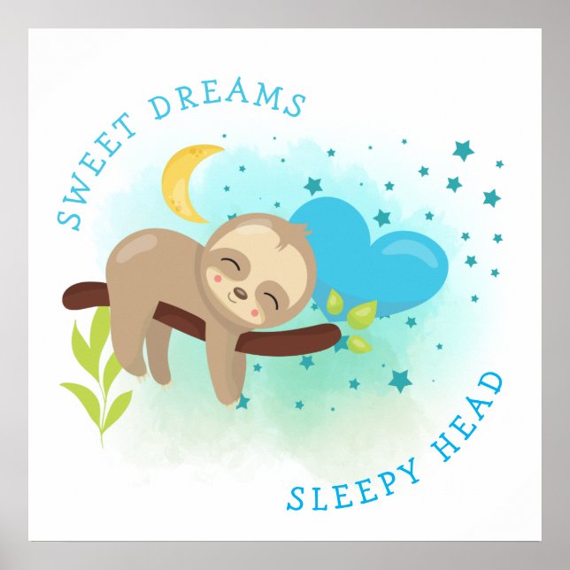 Affiche Sloth Asleep Sweet Dreams Sleepy Head Baby Boy (Devant)