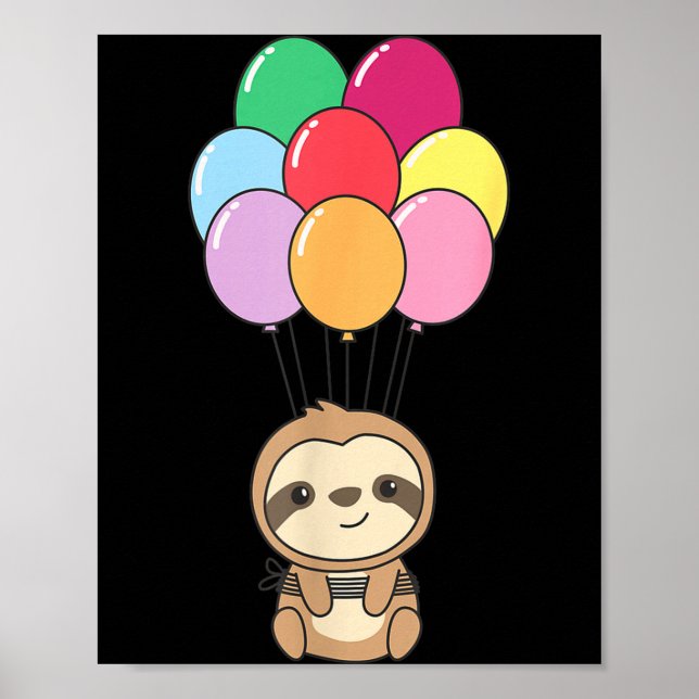 Affiche Sloth Flies Up With Colorful Balloons Kawaii Sloth (Devant)
