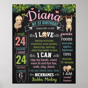Affiche Sloth Hang Zoo First Birthday Chalkboard