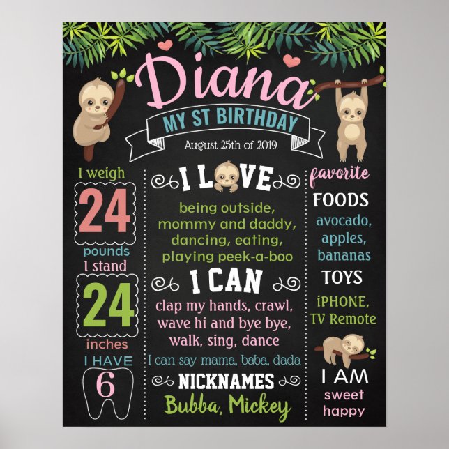 Affiche Sloth Hang Zoo First Birthday Chalkboard (Devant)