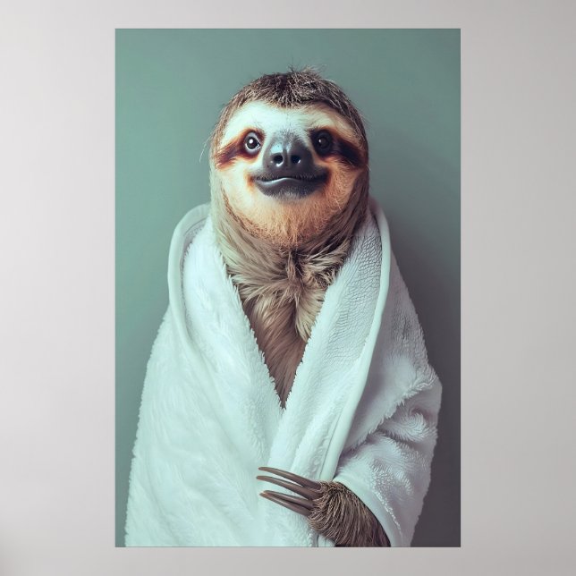 Affiche Sloth in Bathrobe Art Print, Funny Bathroom (Devant)