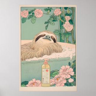 Affiche Sloth in Bathtub Ukiyo-e Print Japandi Bathroom