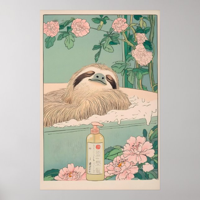 Affiche Sloth in Bathtub Ukiyo-e Print Japandi Bathroom (Devant)