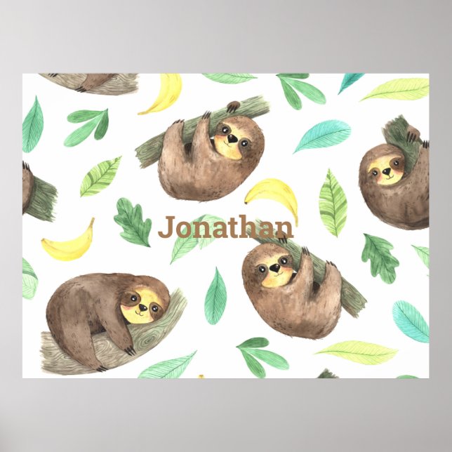 Affiche Sloth sur une branche Bananes Nom animal (Devant)