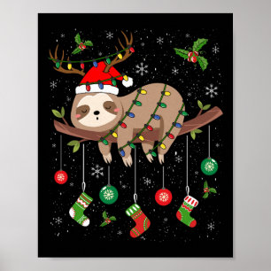 Affiche Sloths Xmas Éclairage Reindeer Santa Hat Sloth Chr